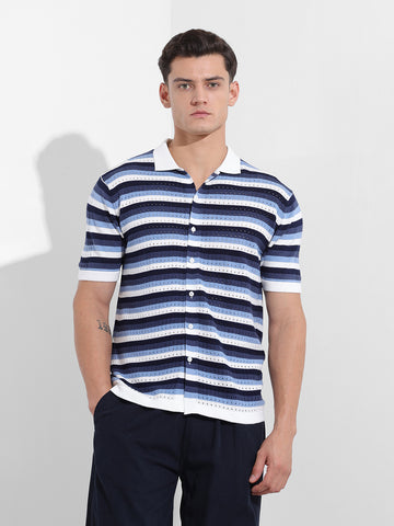 Men's Blue Slim Fit Textured Flat Knit Shirt