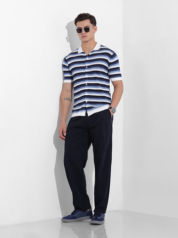 Men's Blue Slim Fit Textured Flat Knit Shirt