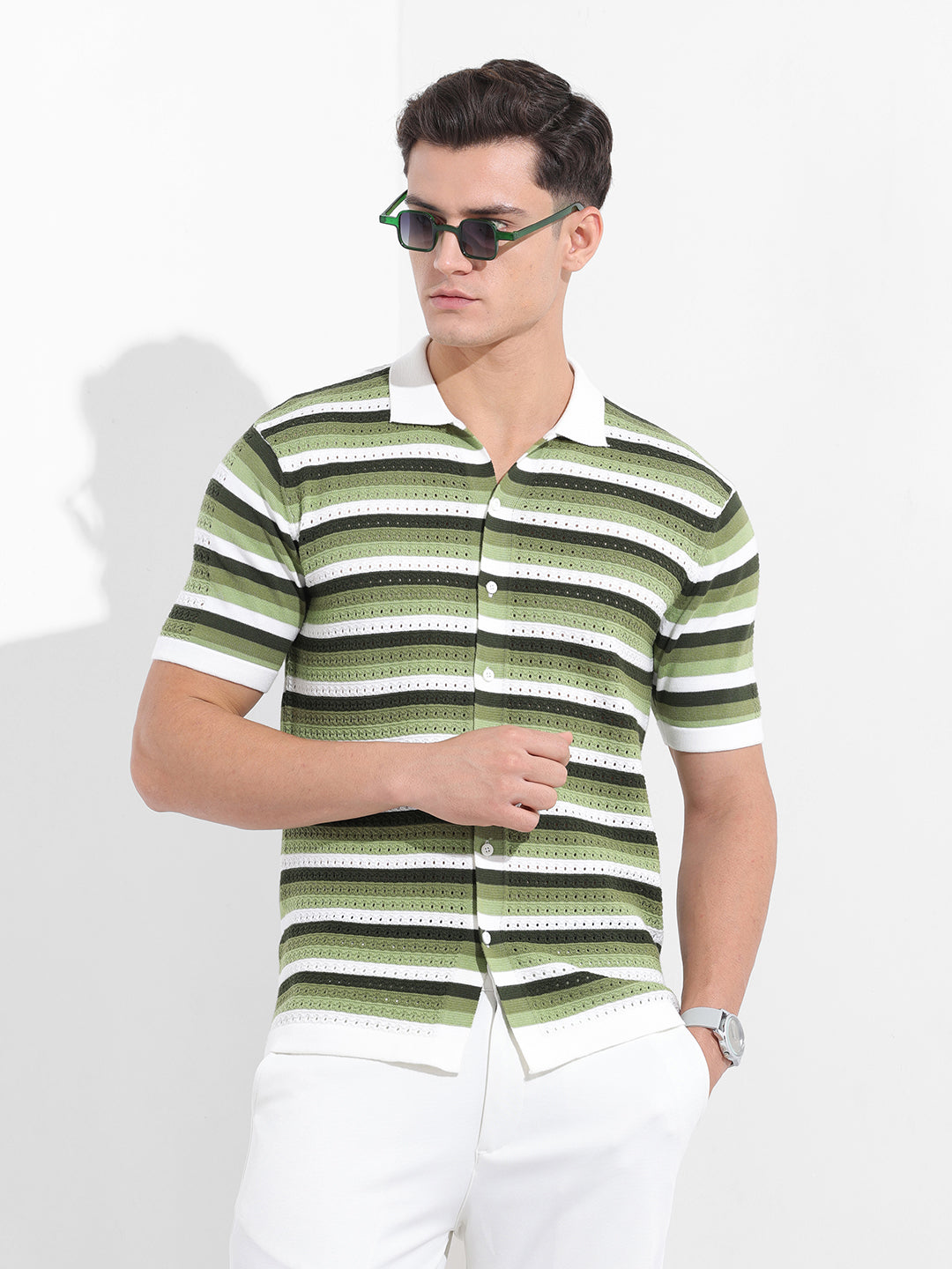 Men's Green Slim Fit Textured Flat Knit Shirt
