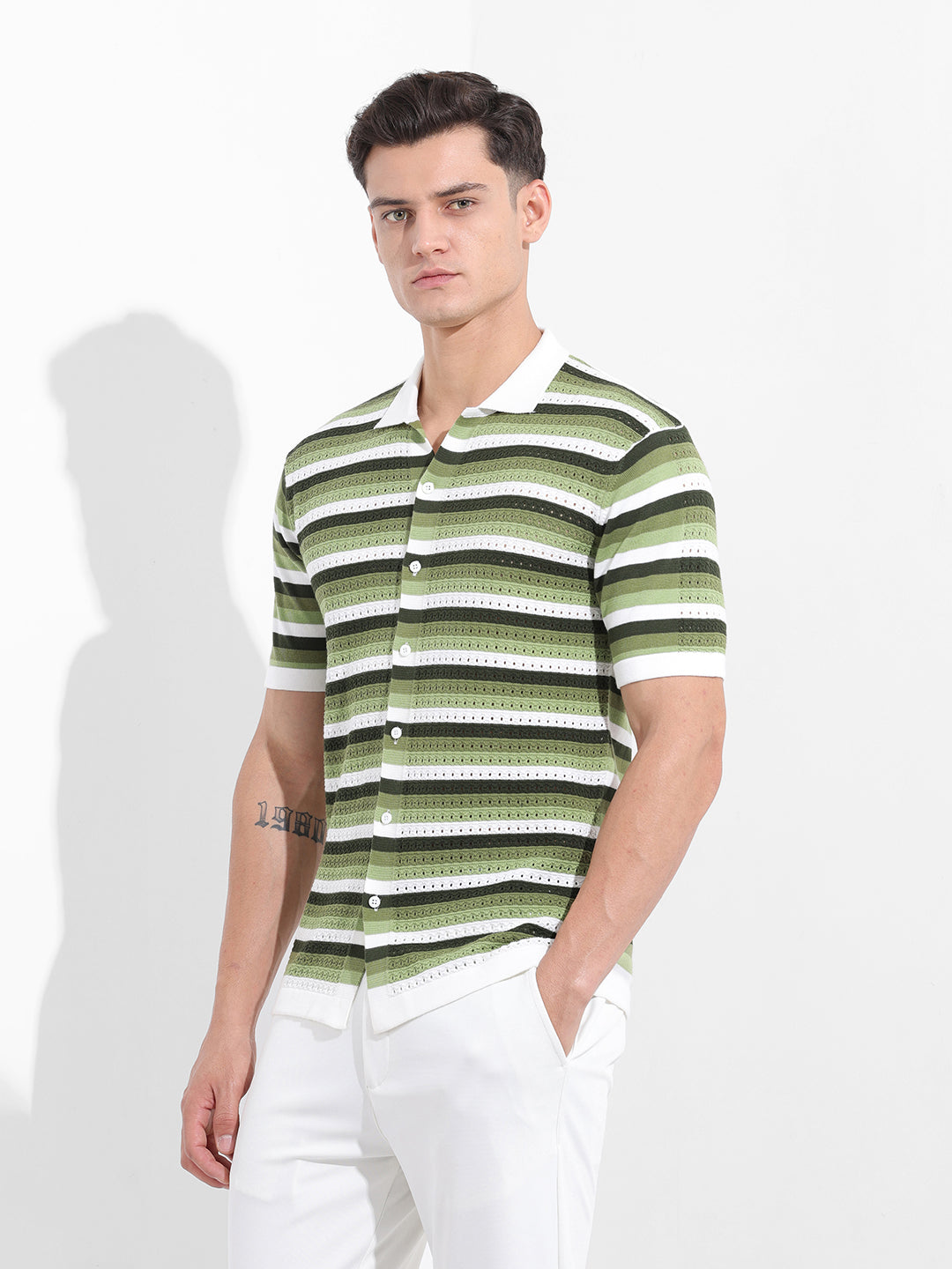 Men's Green Slim Fit Textured Flat Knit Shirt
