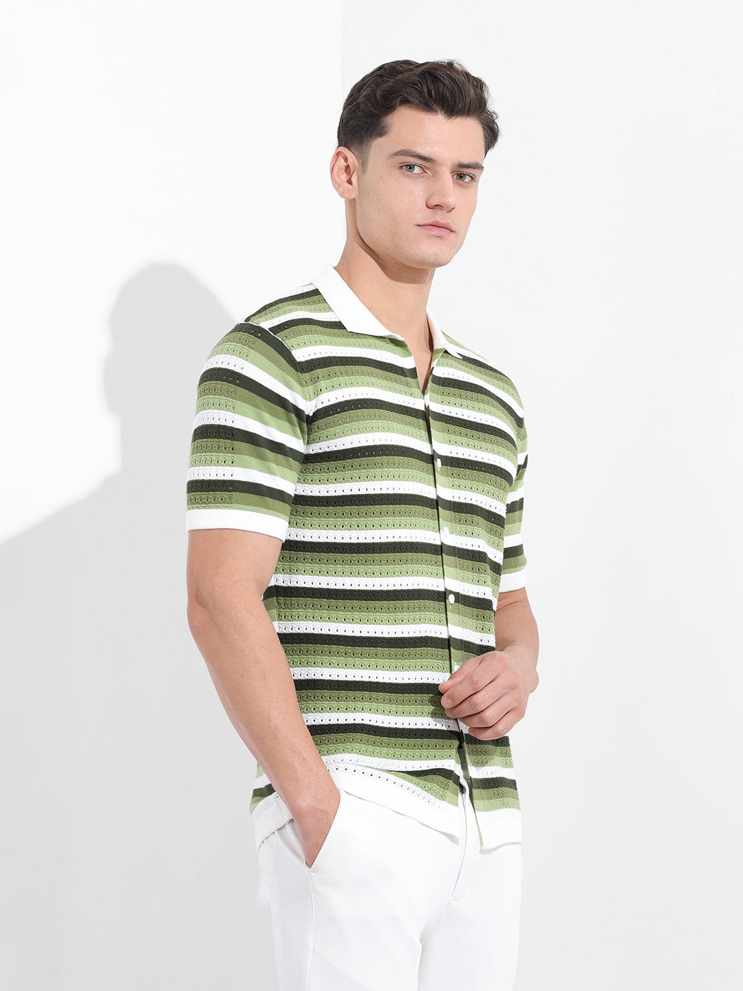 Men's Green Slim Fit Textured Flat Knit Shirt