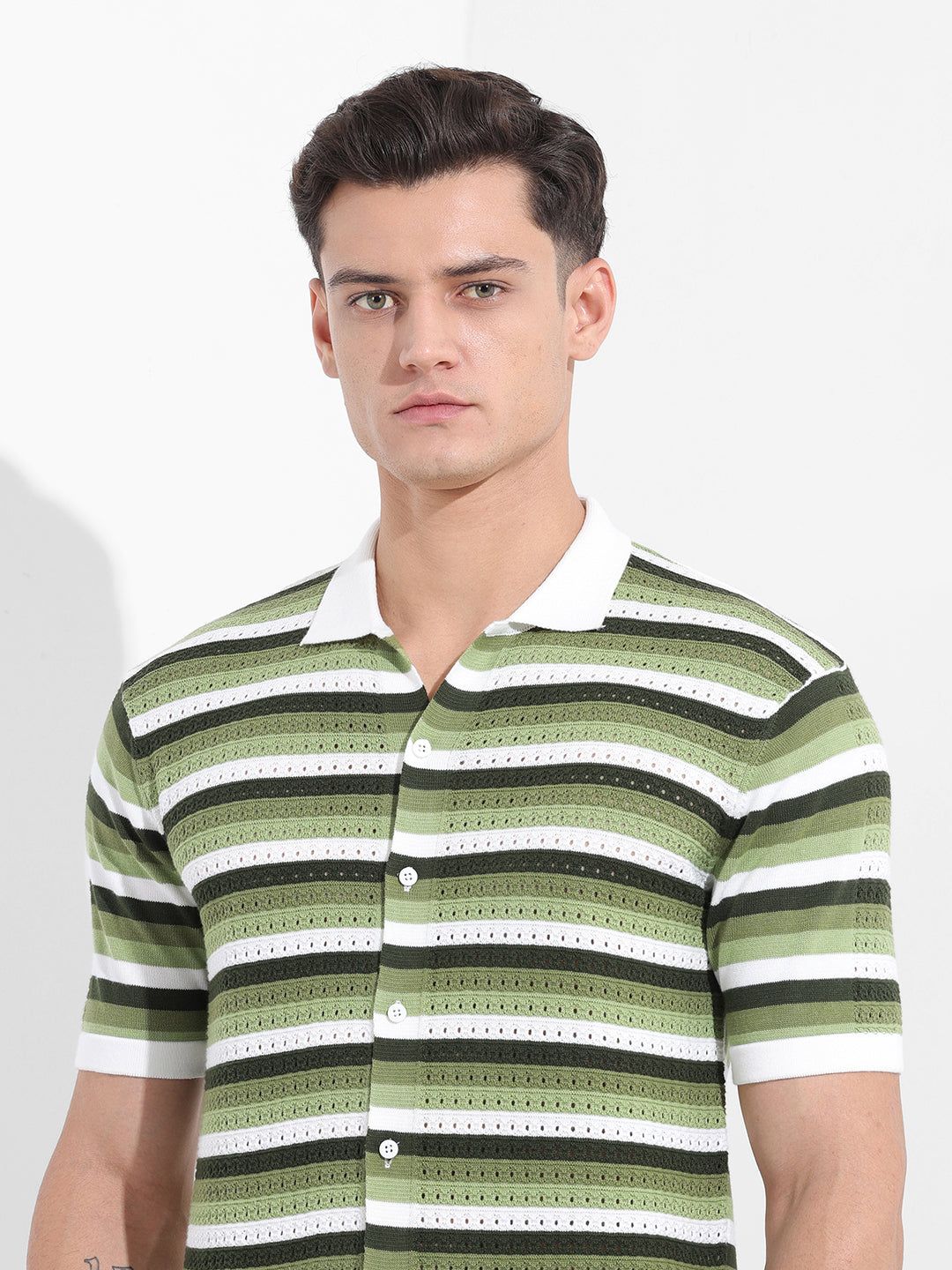 Men's Green Slim Fit Textured Flat Knit Shirt