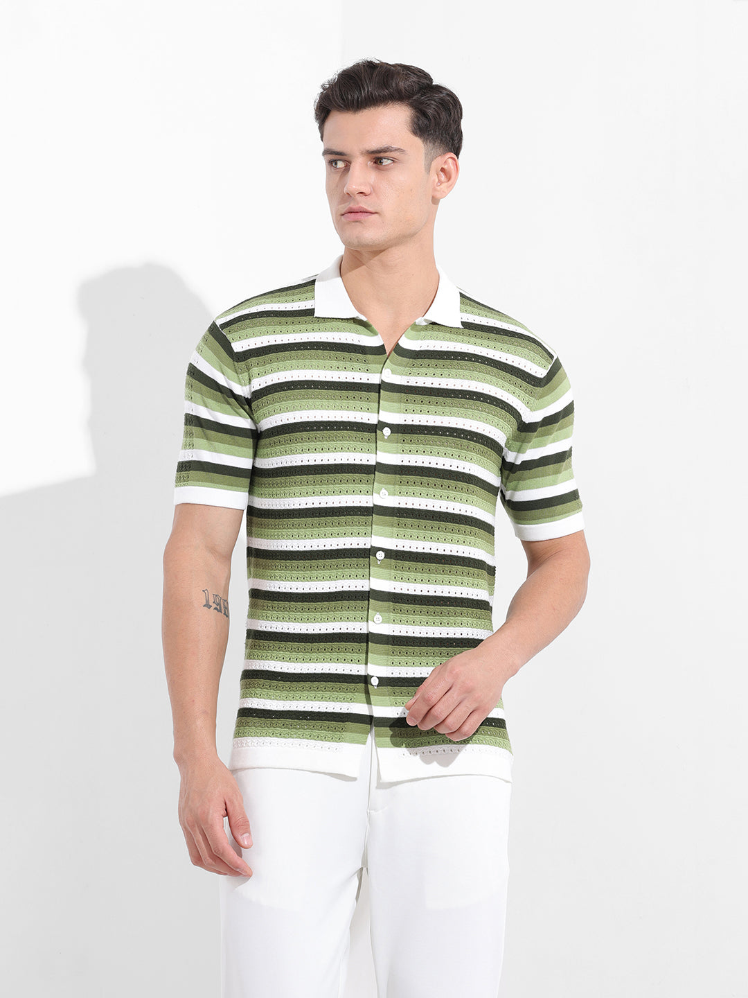 Men's Green Slim Fit Textured Flat Knit Shirt