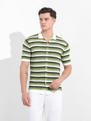 Men's Green Slim Fit Textured Flat Knit Shirt