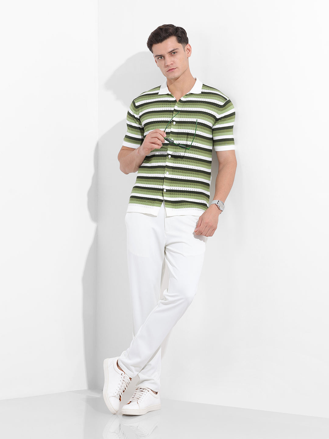 Men's Green Slim Fit Textured Flat Knit Shirt