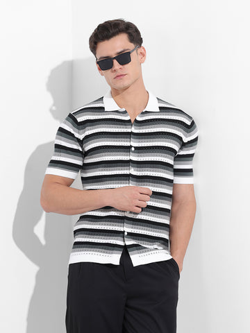 Men's Grey Slim Fit Textured Flat Knit Shirt