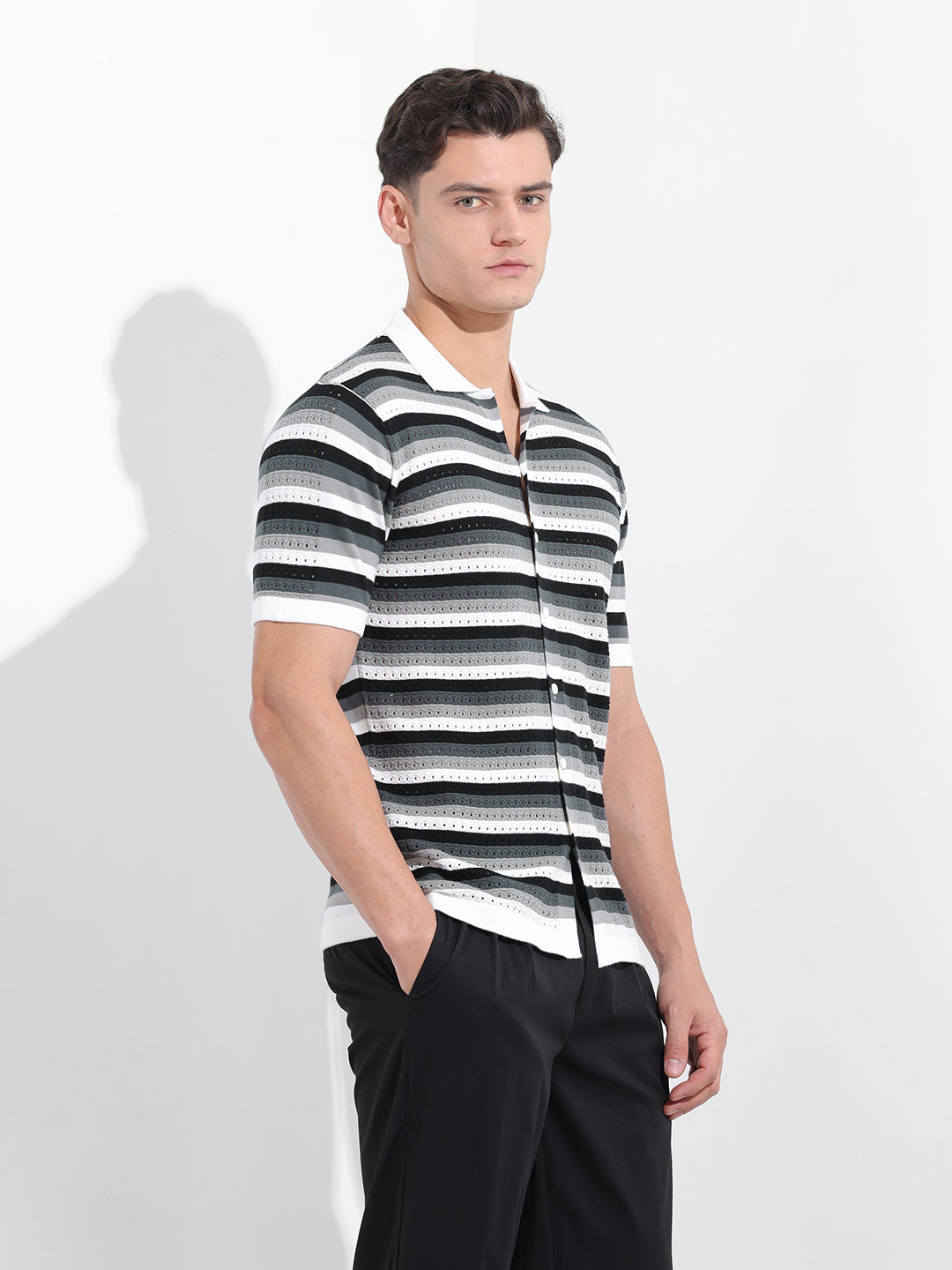 Men's Grey Slim Fit Textured Flat Knit Shirt