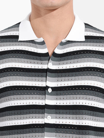 Men's Grey Slim Fit Textured Flat Knit Shirt