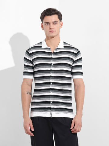 Men's Grey Slim Fit Textured Flat Knit Shirt