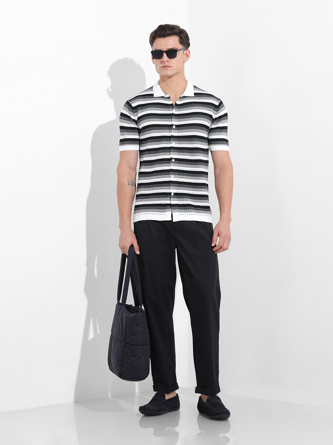 Men's Grey Slim Fit Textured Flat Knit Shirt