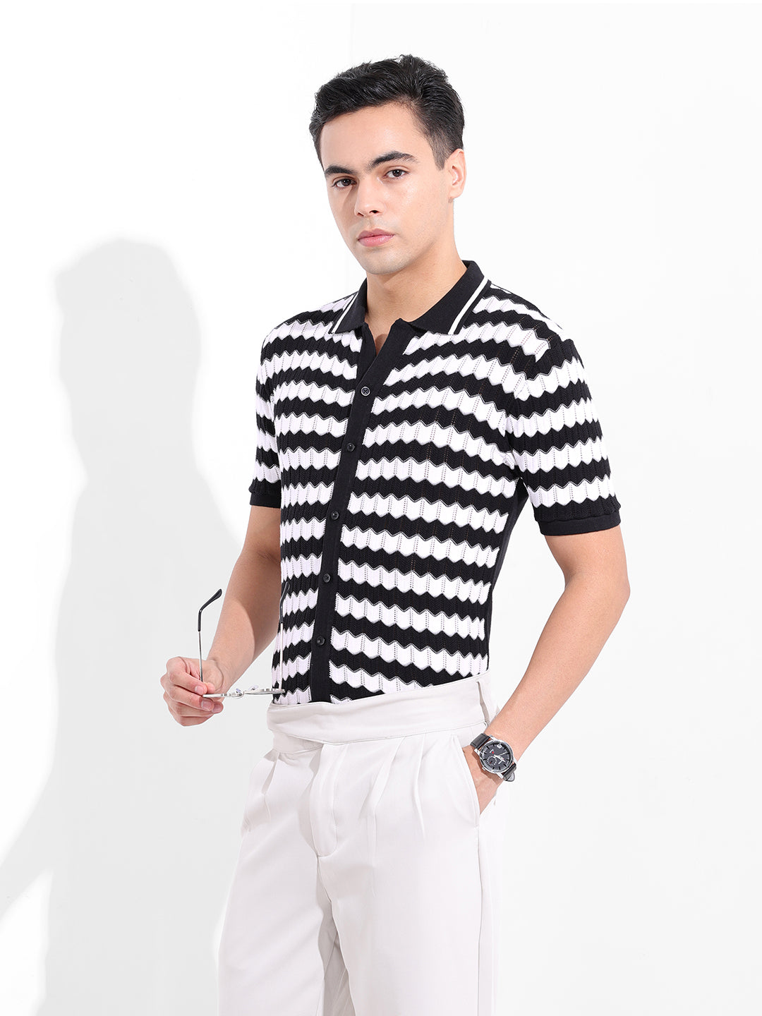 Men's Black Slim Fit Textured Flat Knit Shirt