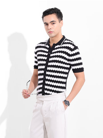 Men's Black Slim Fit Textured Flat Knit Shirt