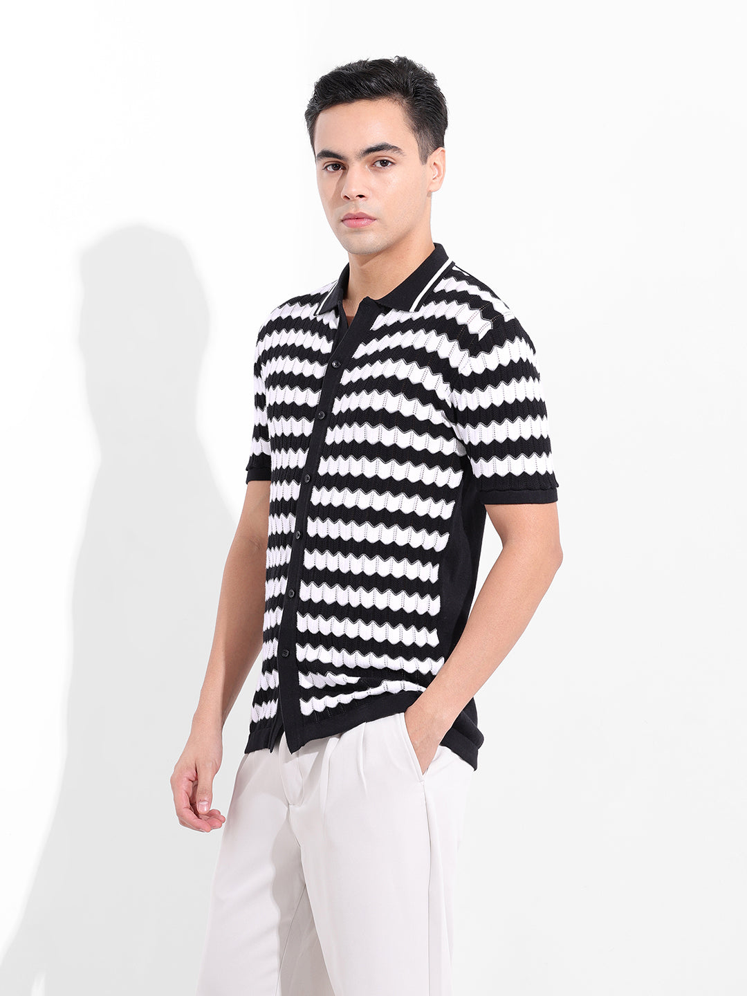 Men's Black Slim Fit Textured Flat Knit Shirt