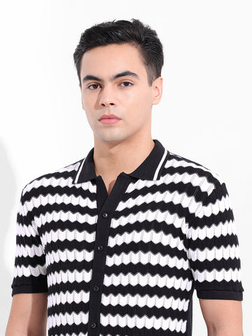 Men's Black Slim Fit Textured Flat Knit Shirt