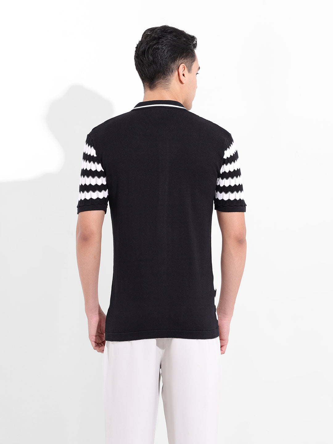 Men's Black Slim Fit Textured Flat Knit Shirt