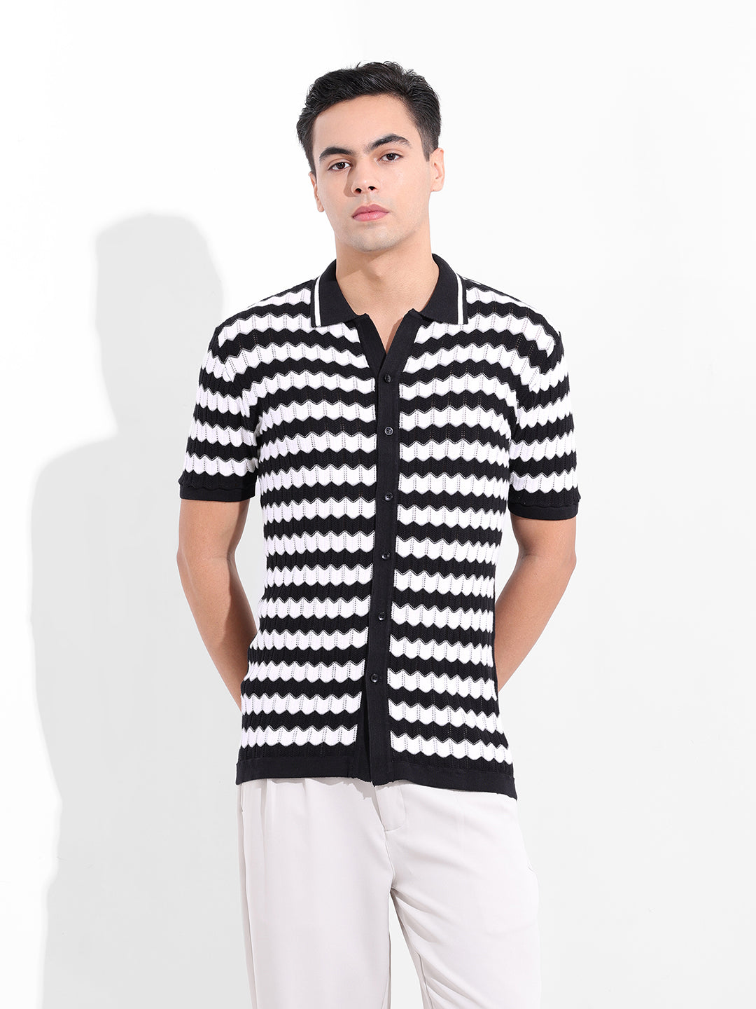 Men's Black Slim Fit Textured Flat Knit Shirt