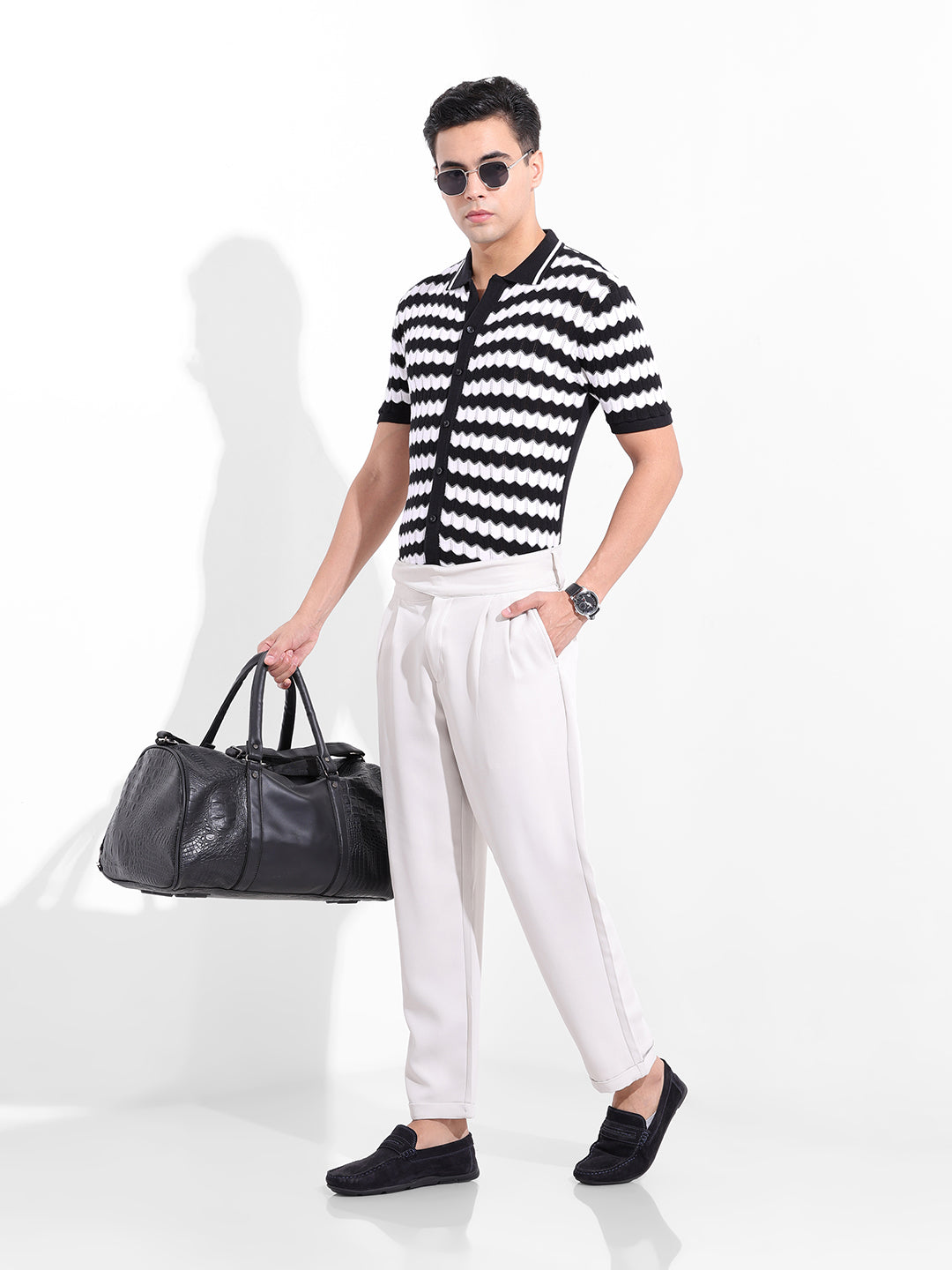 Men's Black Slim Fit Textured Flat Knit Shirt