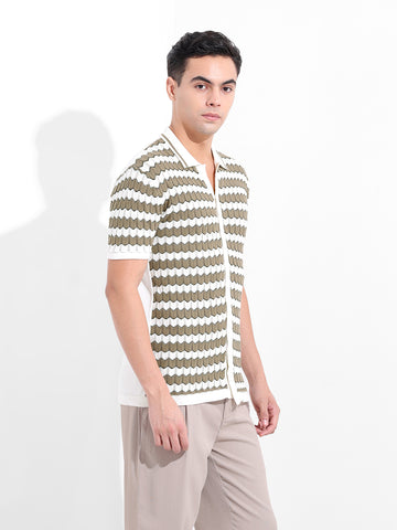 Men's Beige Slim Fit Textured Flat Knit Shirt