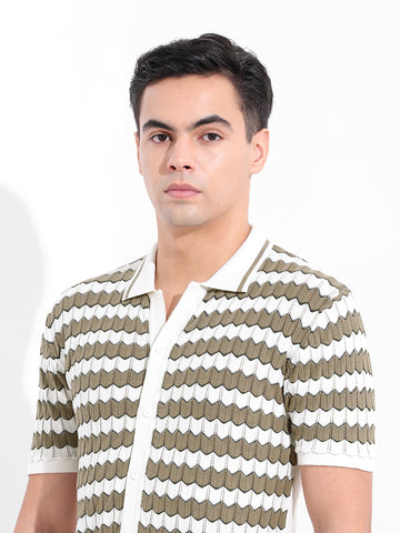 Men's Beige Slim Fit Textured Flat Knit Shirt