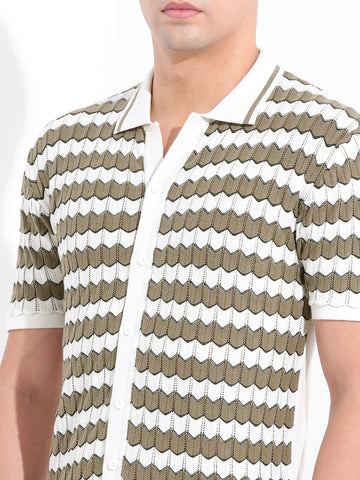 Men's Beige Slim Fit Textured Flat Knit Shirt