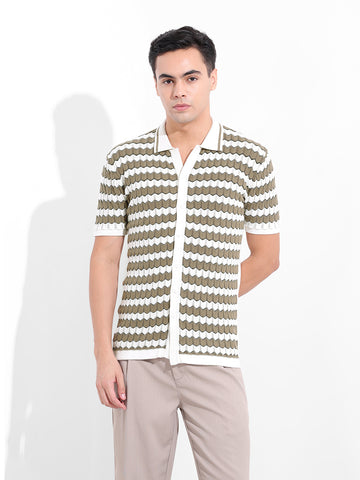 Men's Beige Slim Fit Textured Flat Knit Shirt