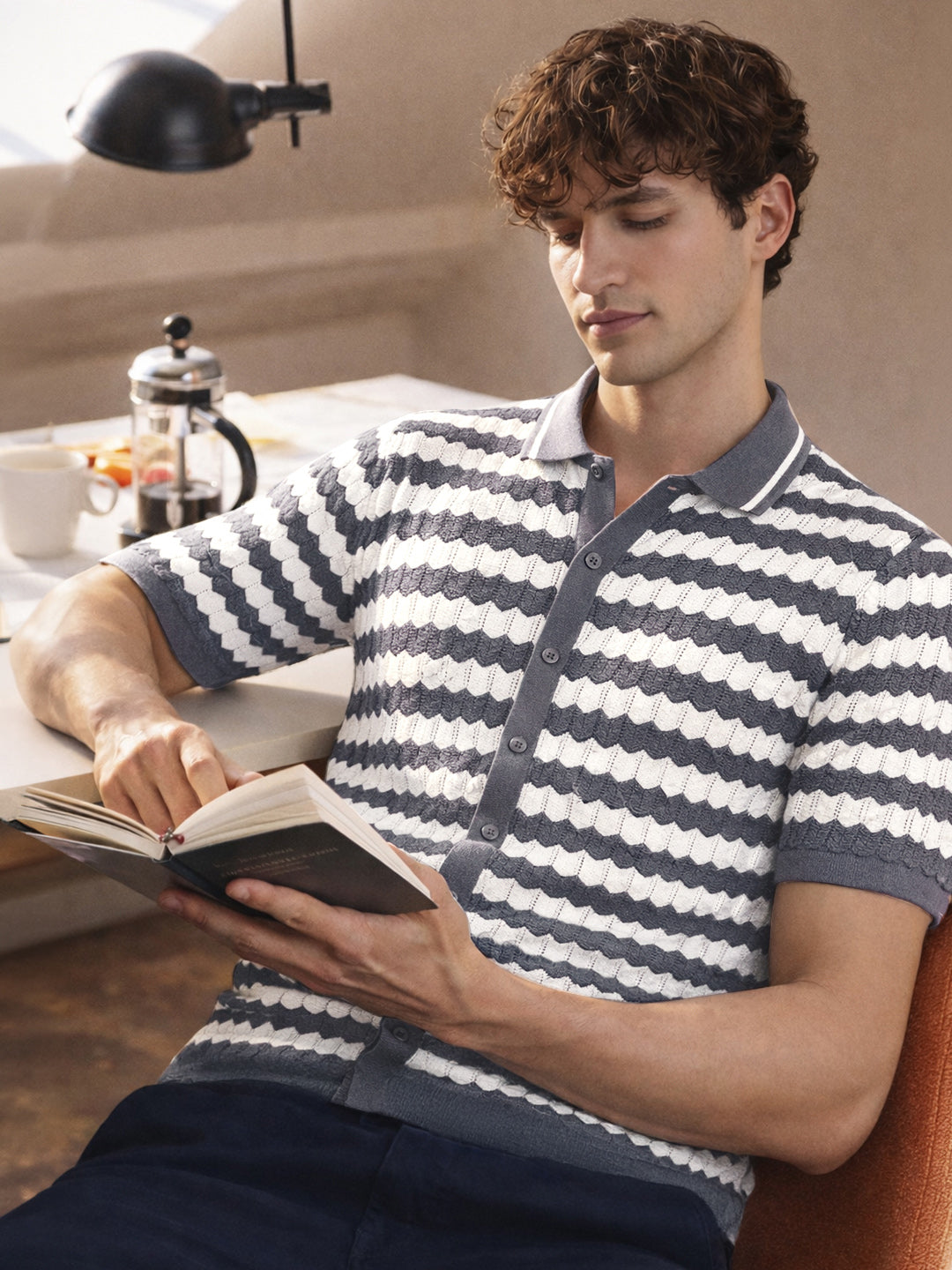 Men's Grey Slim Fit Striped Flat Knit Shirt