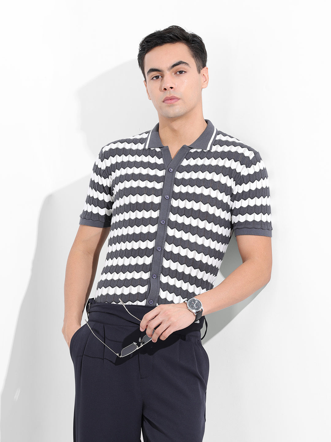 Men's Grey Slim Fit Textured Flat Knit Shirt