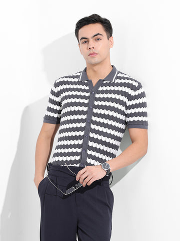 Men's Grey Slim Fit Textured Flat Knit Shirt