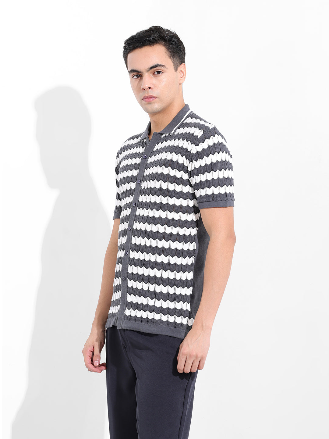Men's Grey Slim Fit Textured Flat Knit Shirt