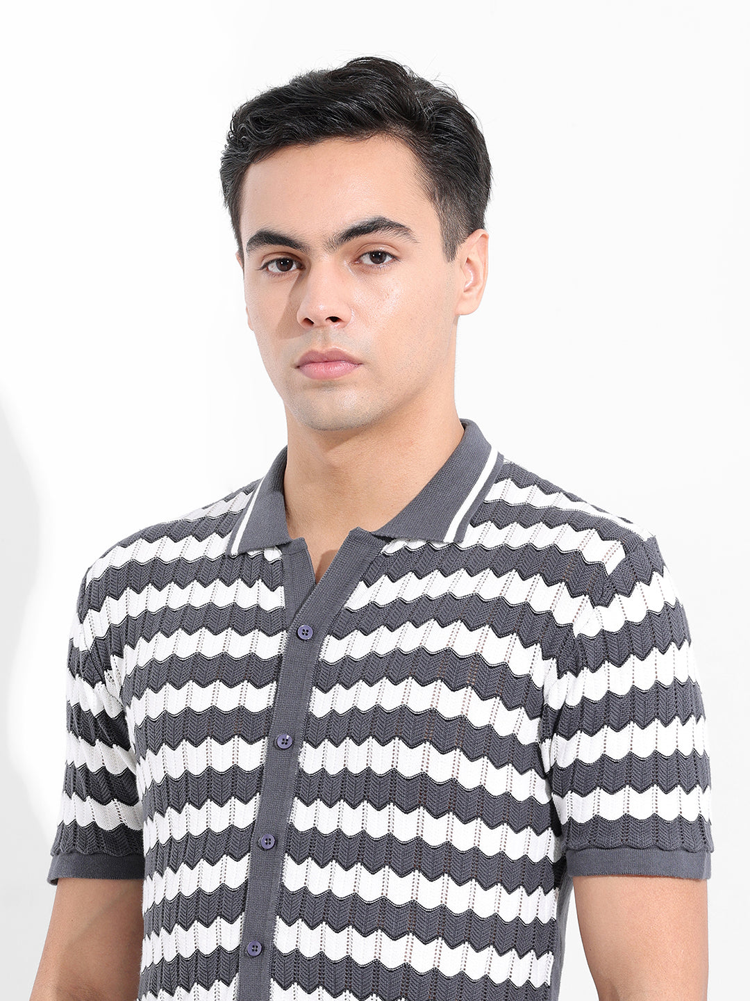 Men's Grey Slim Fit Textured Flat Knit Shirt