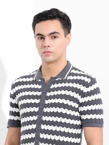 Men's Grey Slim Fit Textured Flat Knit Shirt