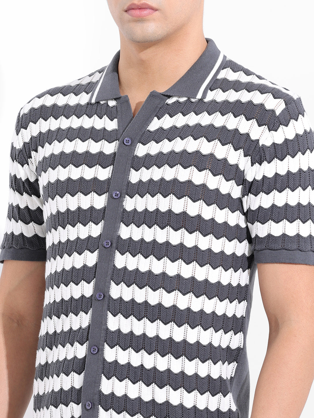 Men's Grey Slim Fit Textured Flat Knit Shirt