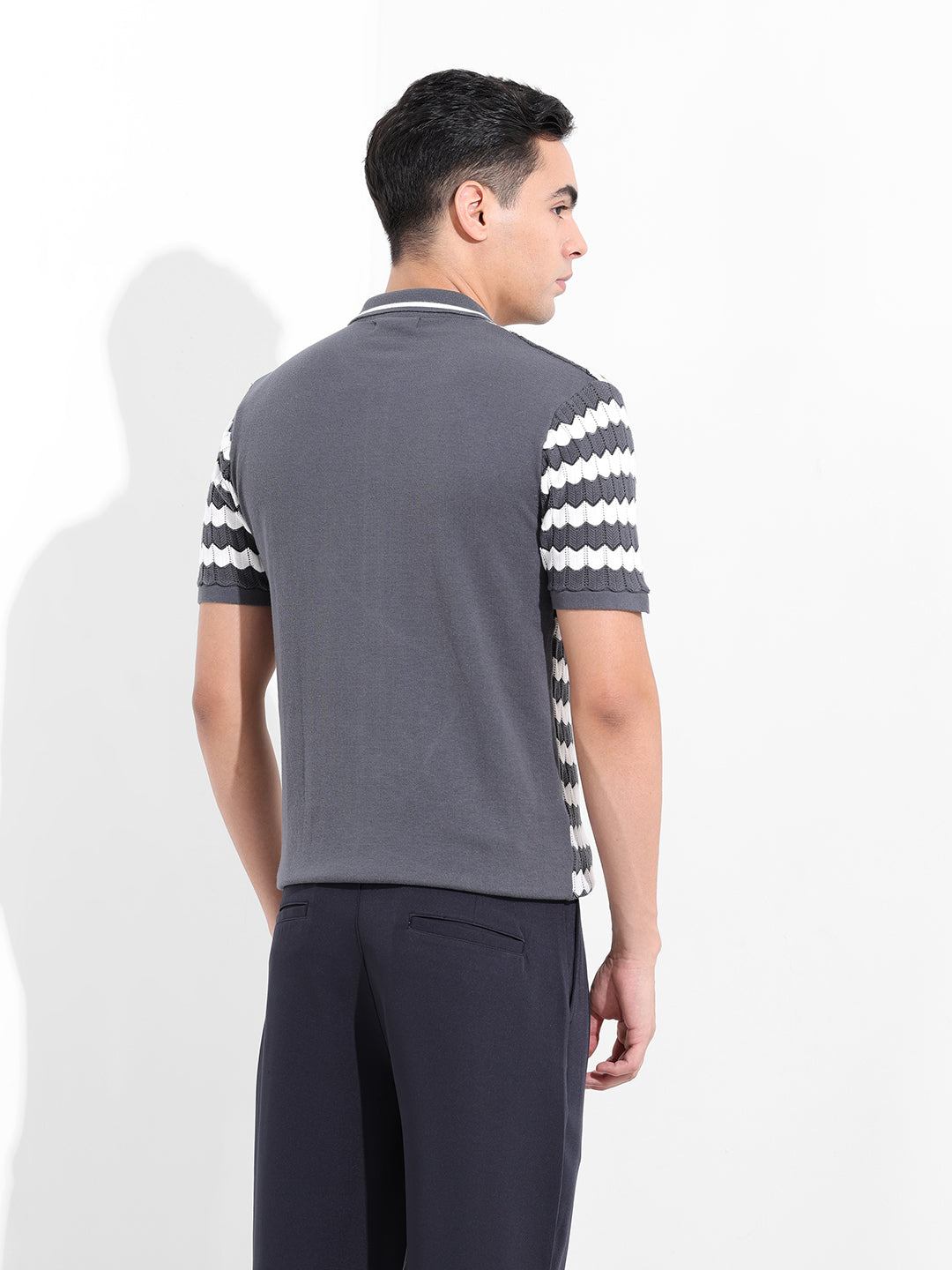 Men's Grey Slim Fit Textured Flat Knit Shirt