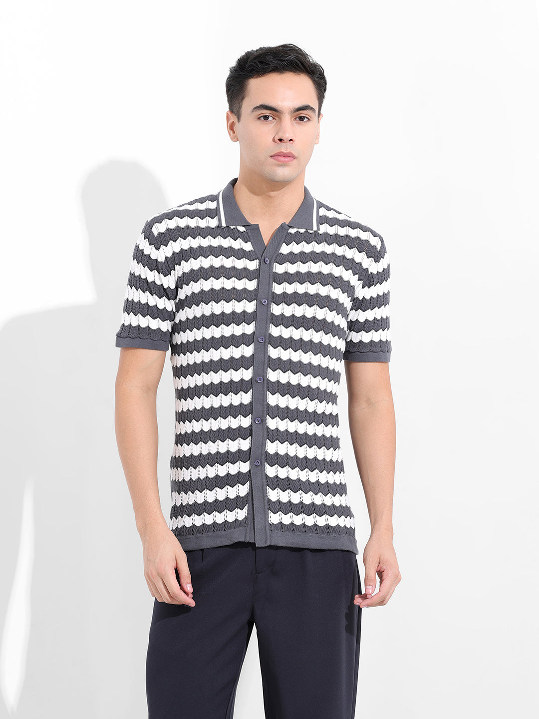 Men's Grey Slim Fit Textured Flat Knit Shirt
