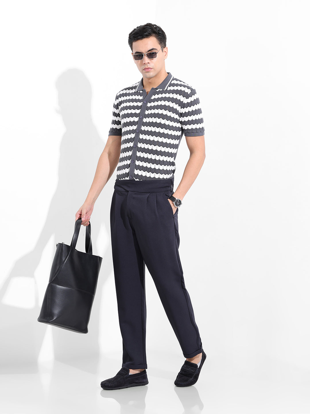 Men's Grey Slim Fit Textured Flat Knit Shirt