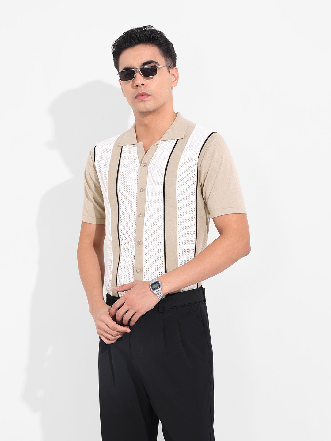 Men's Beige Slim Fit Textured Flat Knit Shirt