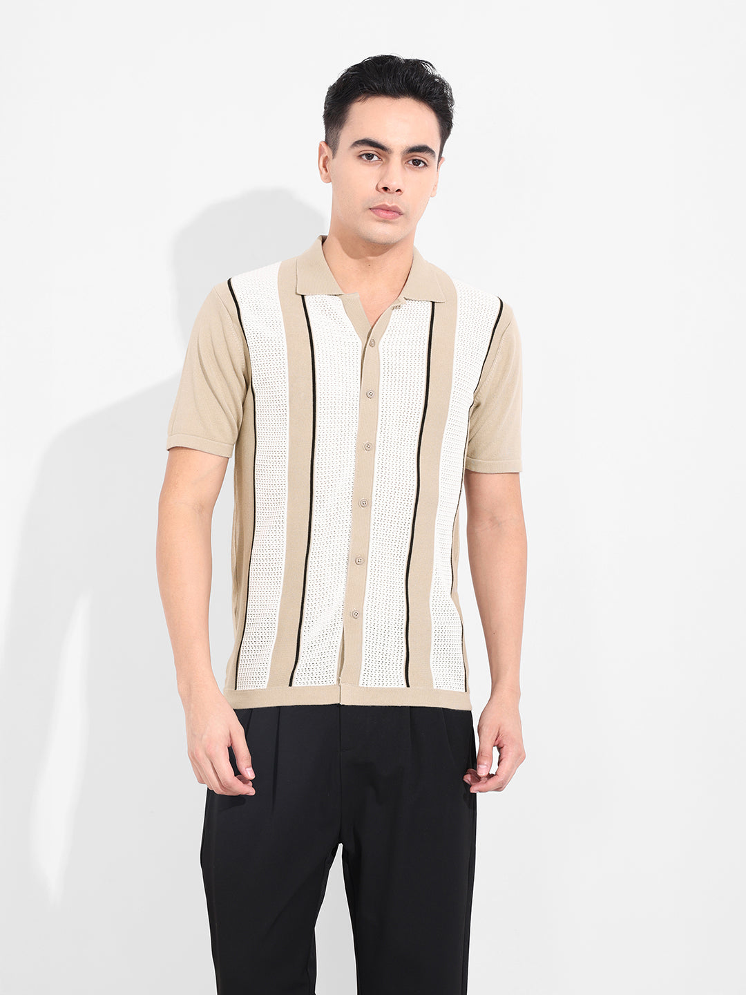 Men's Beige Slim Fit Textured Flat Knit Shirt