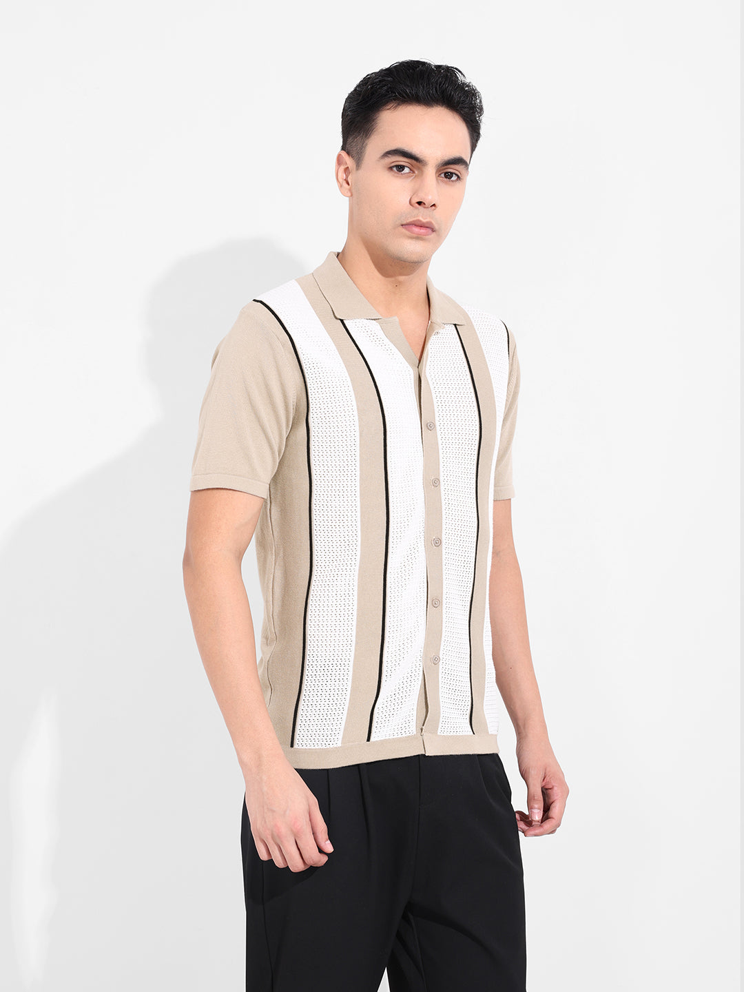 Men's Beige Slim Fit Textured Flat Knit Shirt