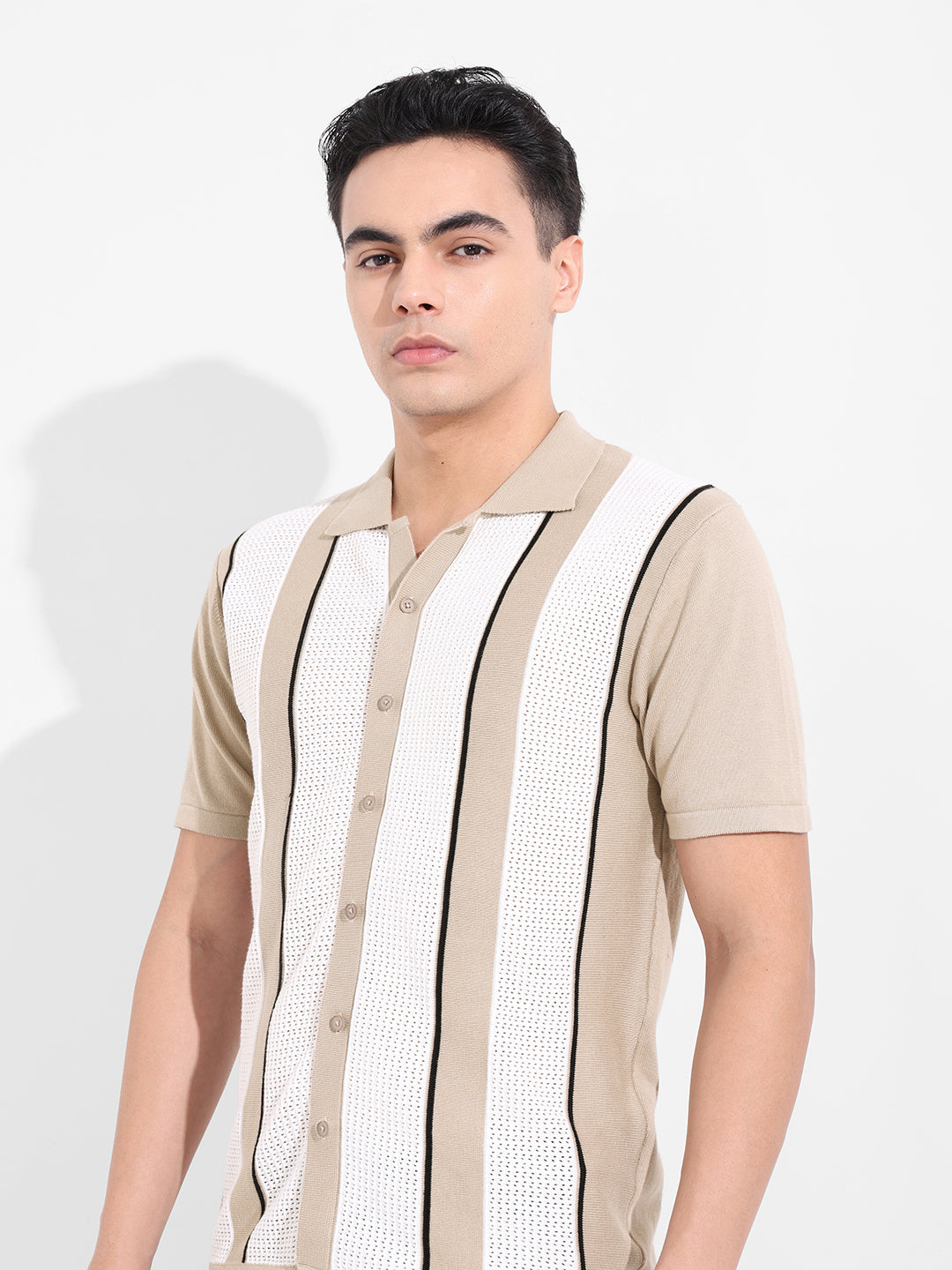 Men's Beige Slim Fit Textured Flat Knit Shirt