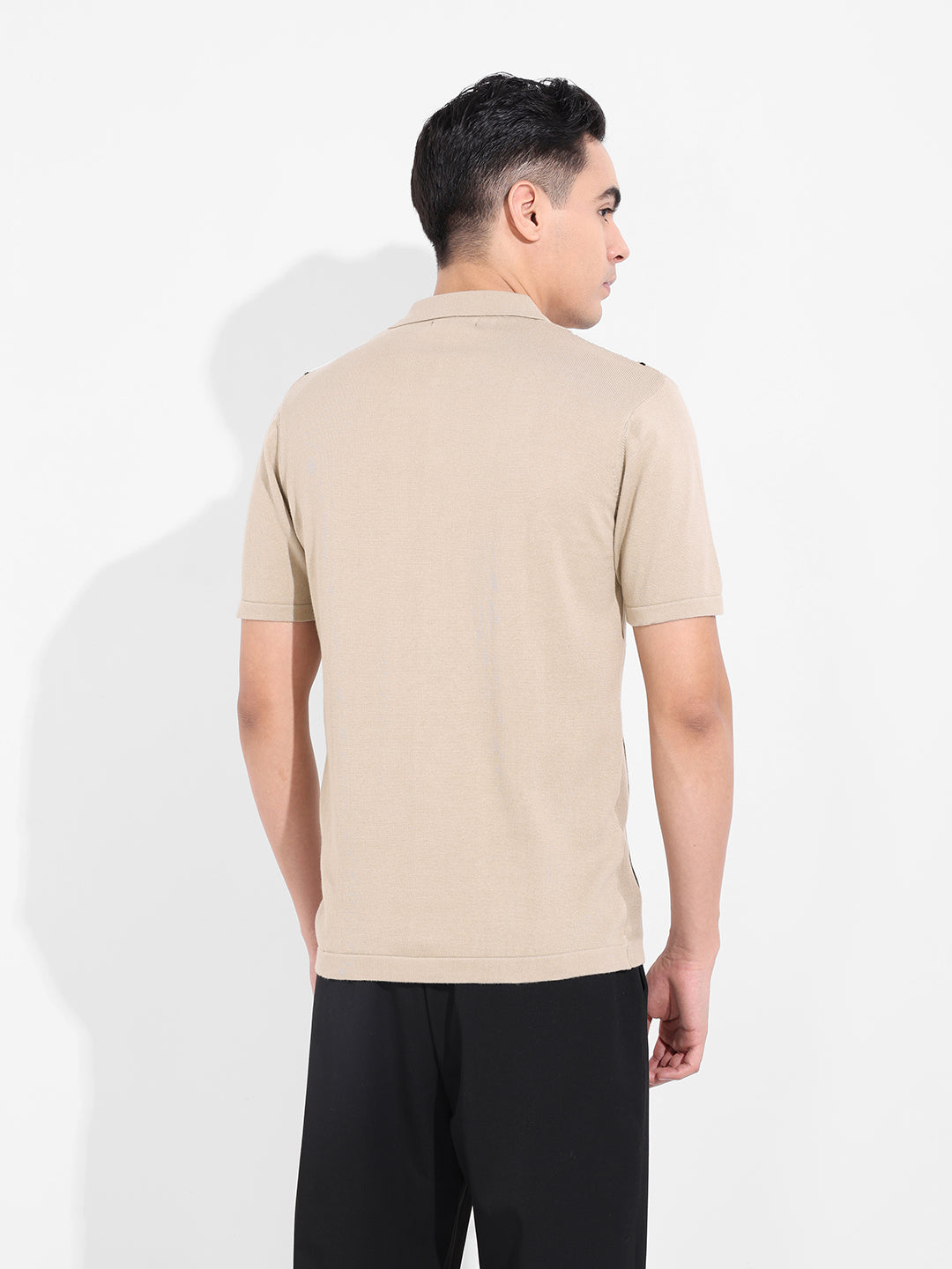 Men's Beige Slim Fit Textured Flat Knit Shirt
