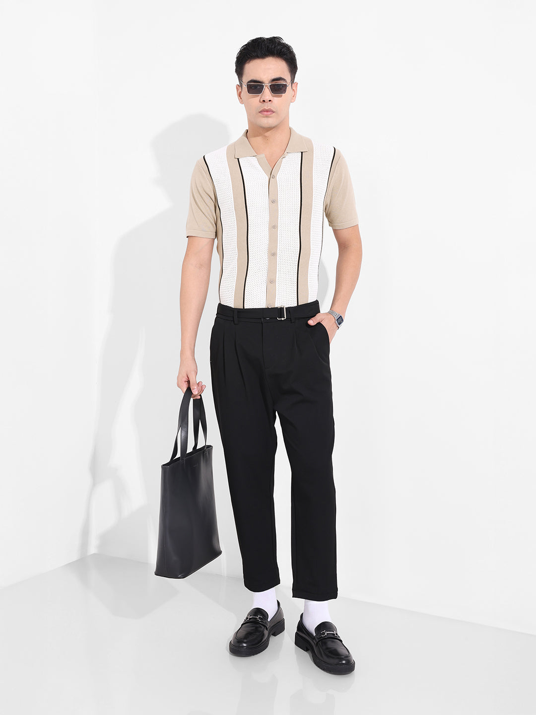 Men's Beige Slim Fit Textured Flat Knit Shirt