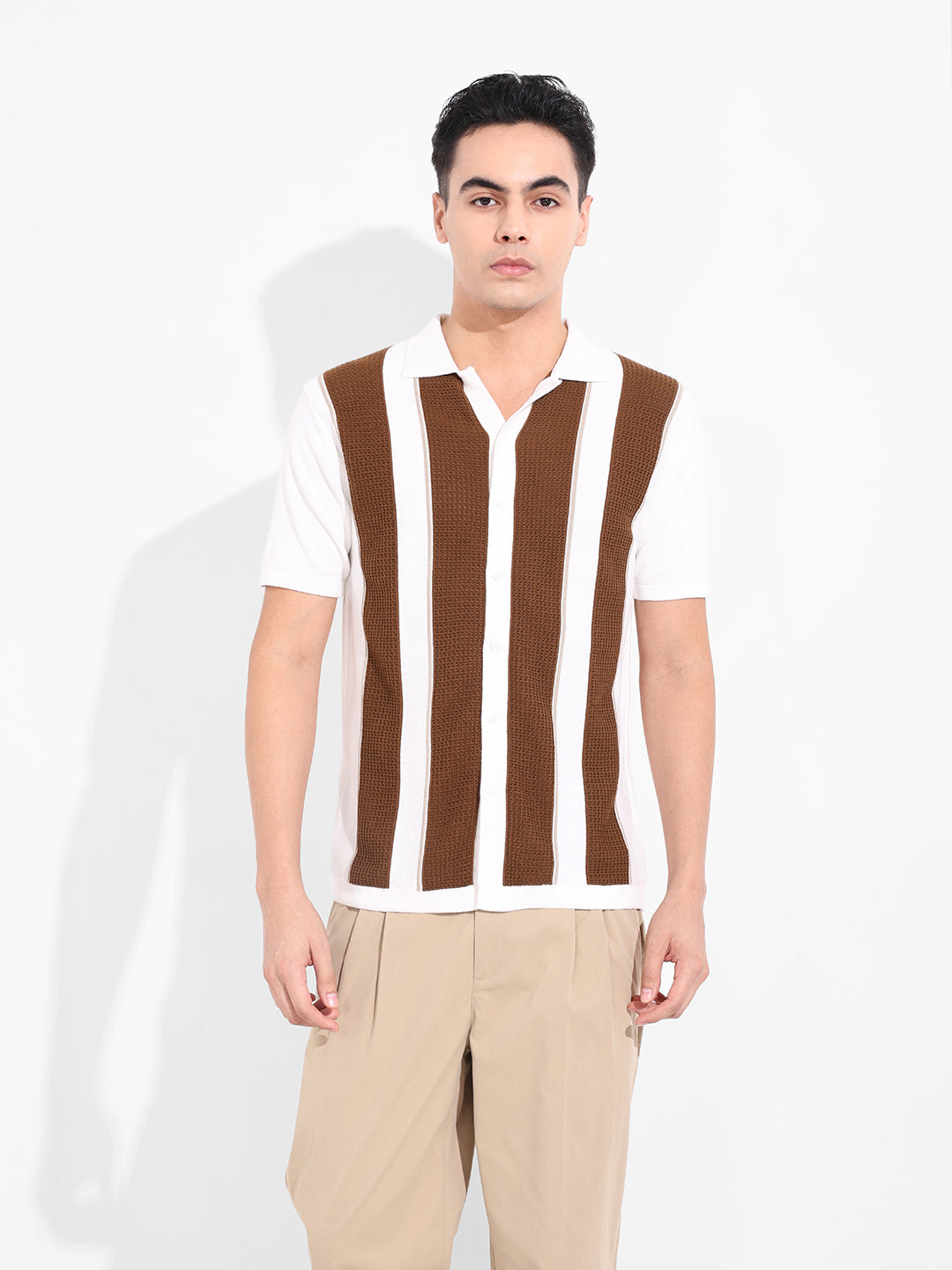 Men's Cream Slim Fit Textured Flat Knit Shirt
