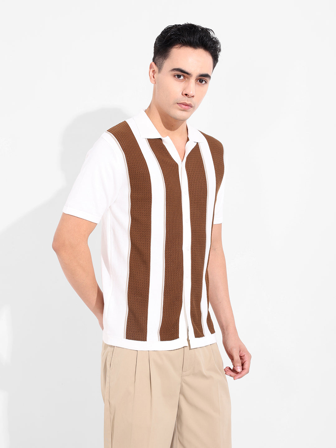 Men's Cream Slim Fit Textured Flat Knit Shirt