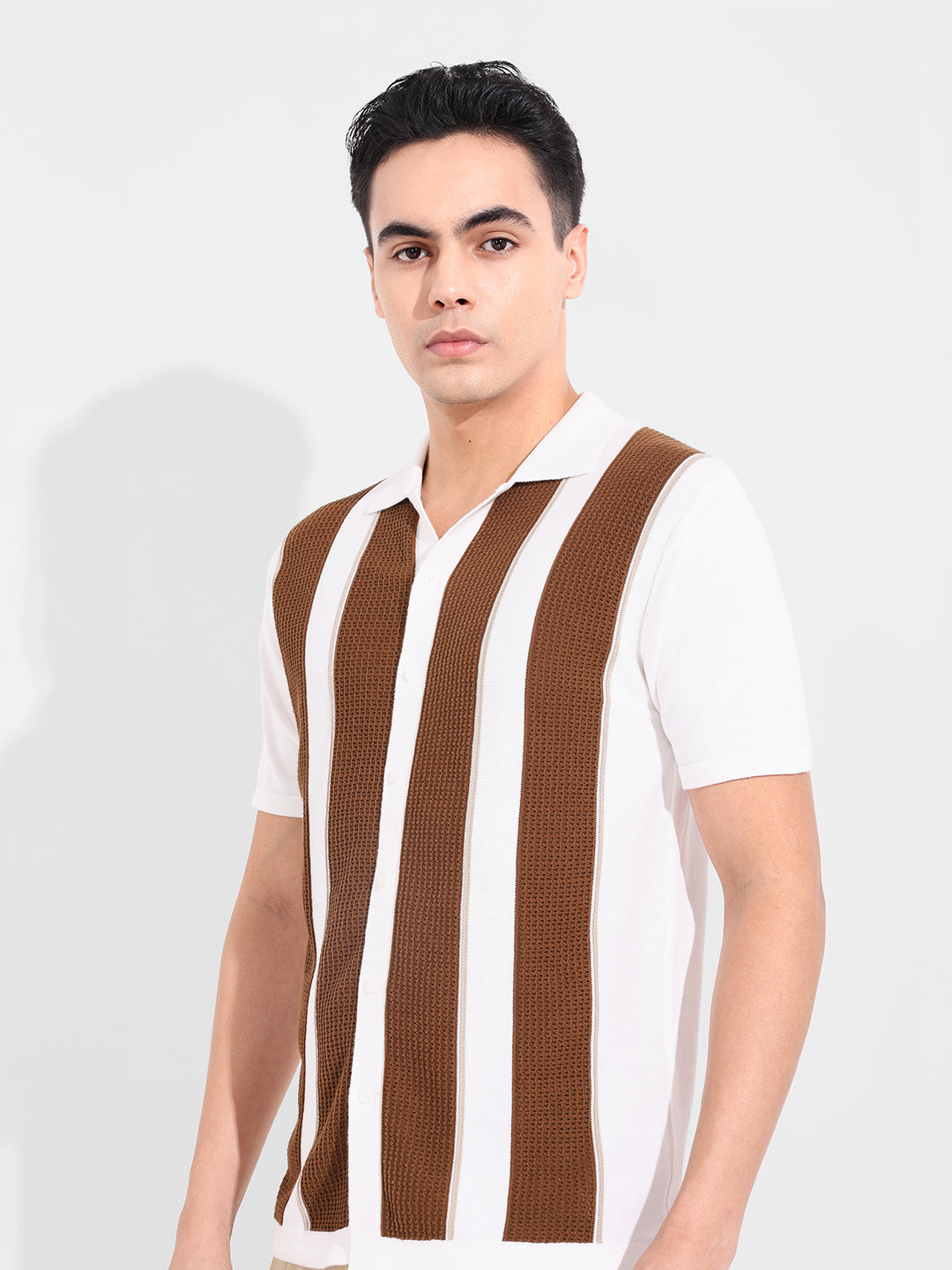 Men's Cream Slim Fit Textured Flat Knit Shirt