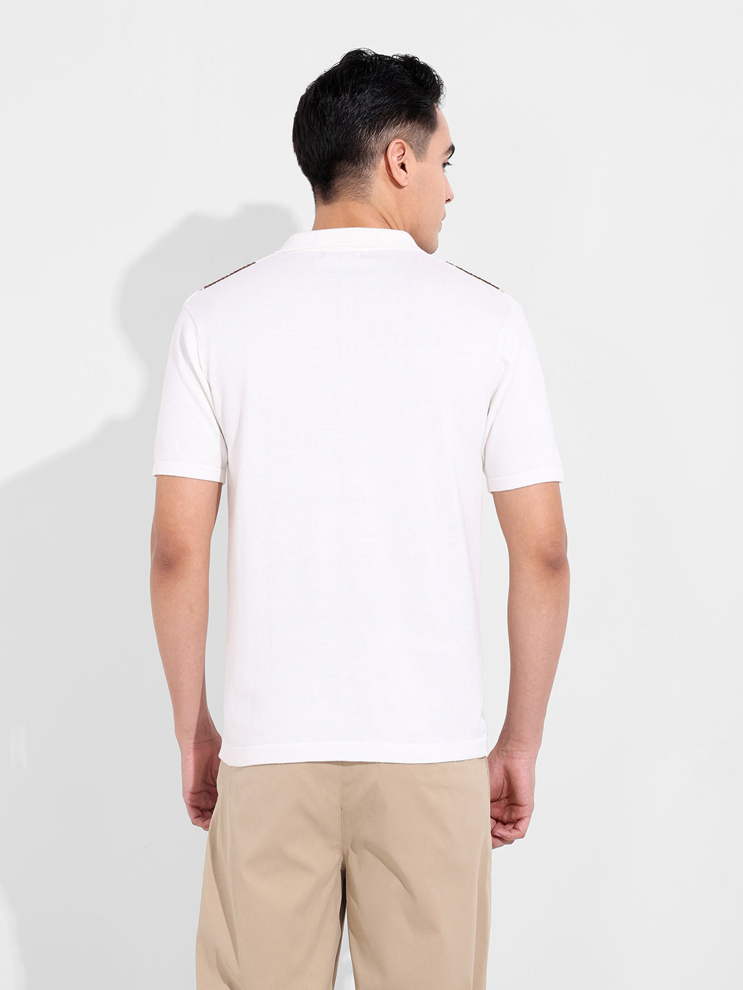 Men's Cream Slim Fit Textured Flat Knit Shirt