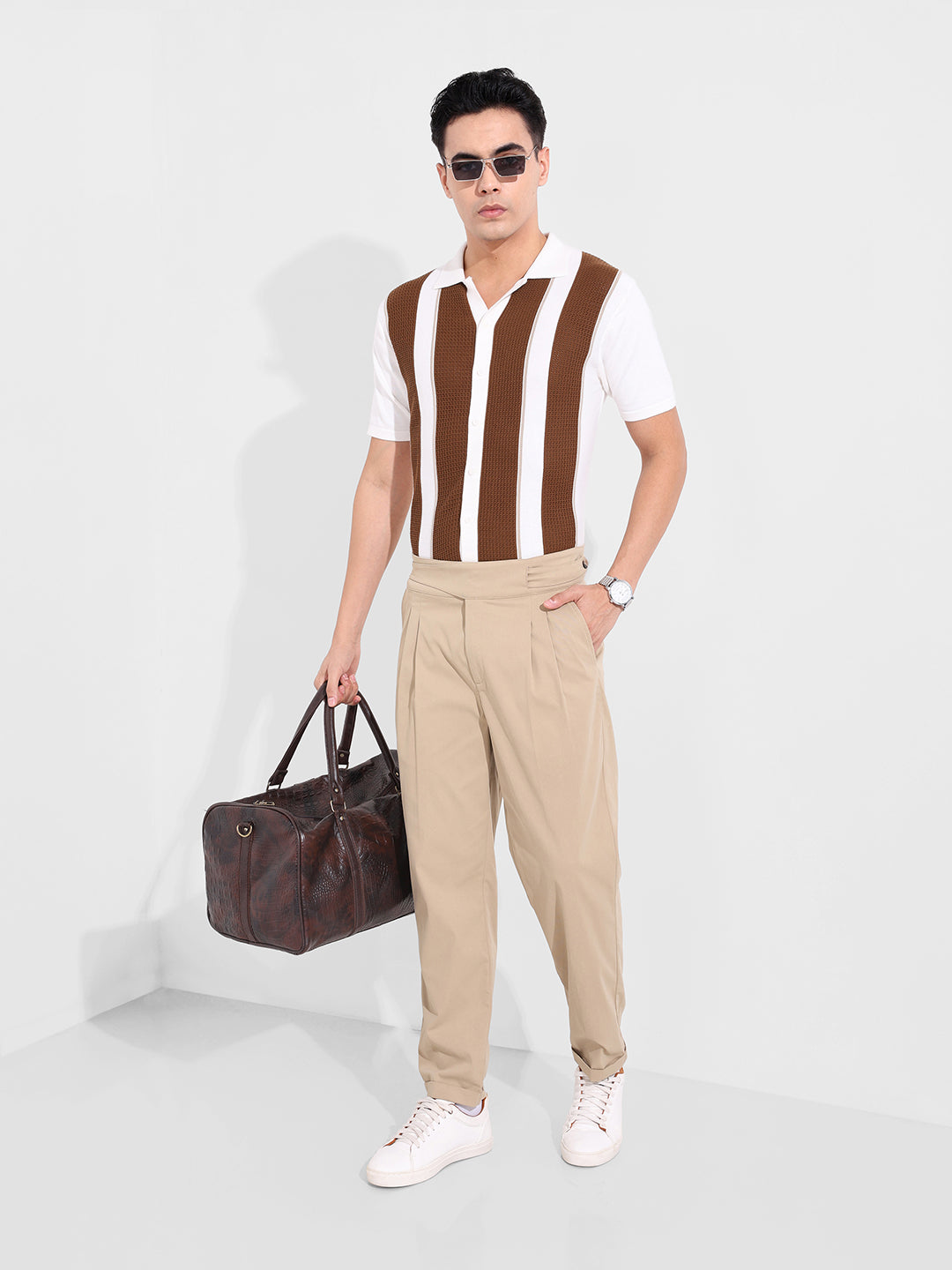 Men's Cream Slim Fit Textured Flat Knit Shirt