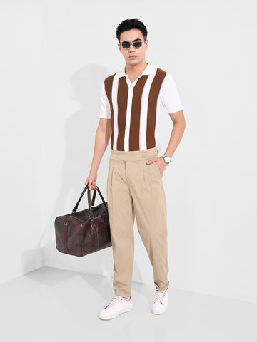 Men's Cream Slim Fit Textured Flat Knit Shirt