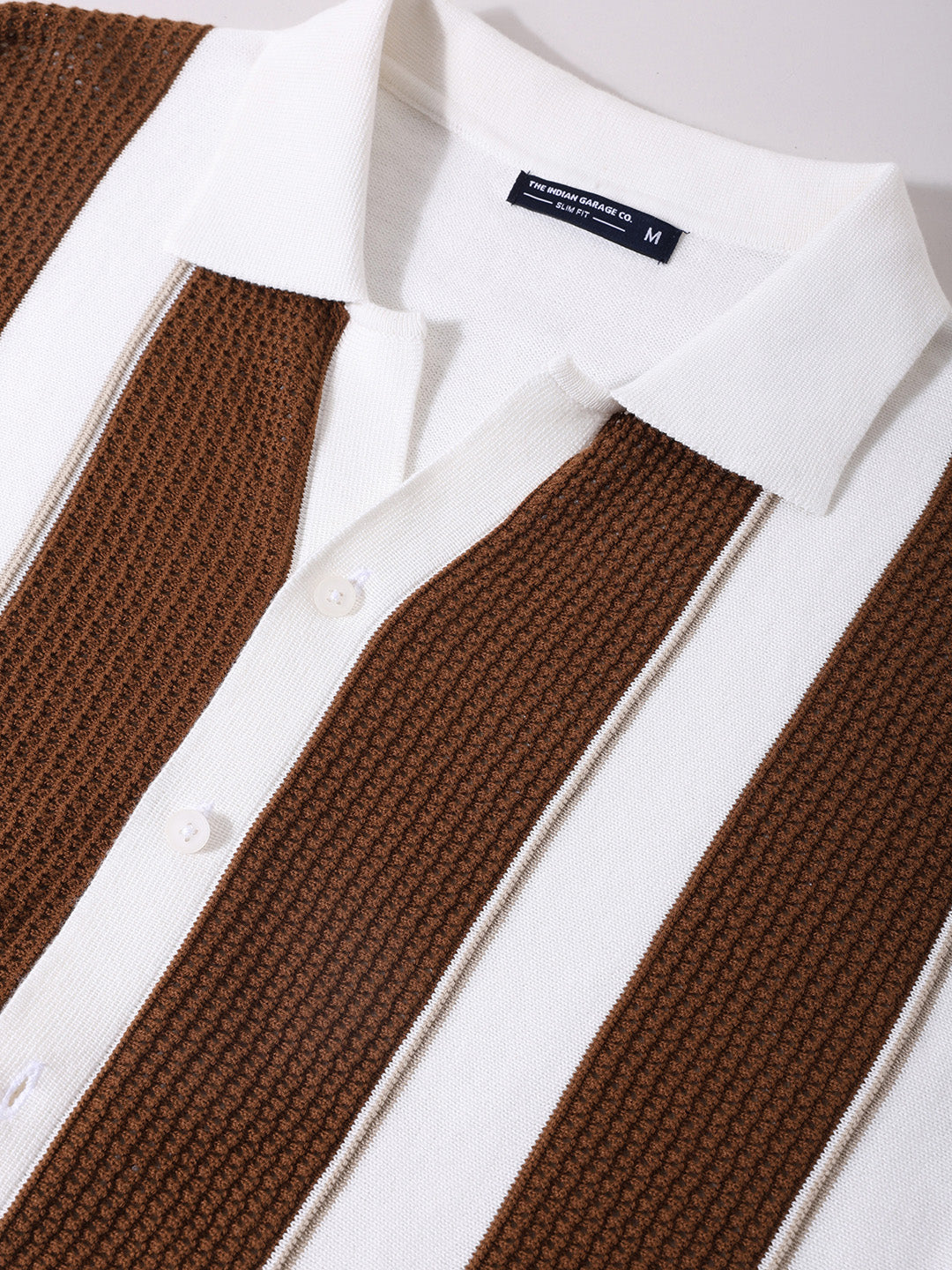 Men's Cream Slim Fit Textured Flat Knit Shirt