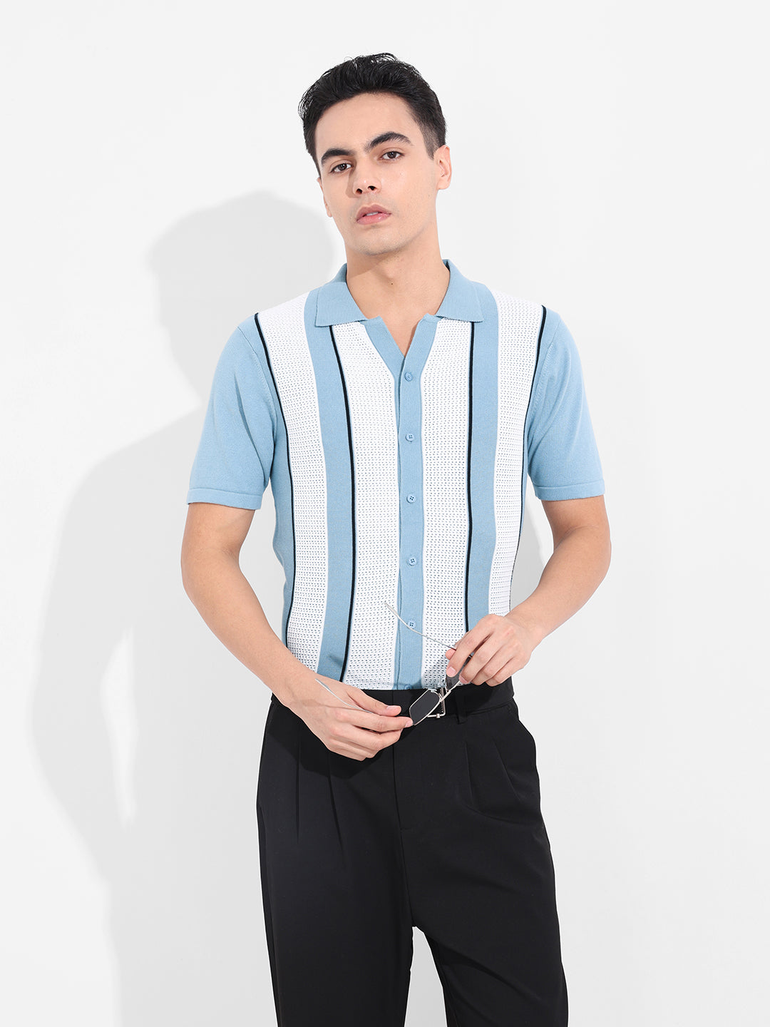 Men's Blue Slim Fit Textured Flat Knit Shirt