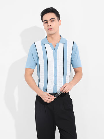 Men's Blue Slim Fit Textured Flat Knit Shirt